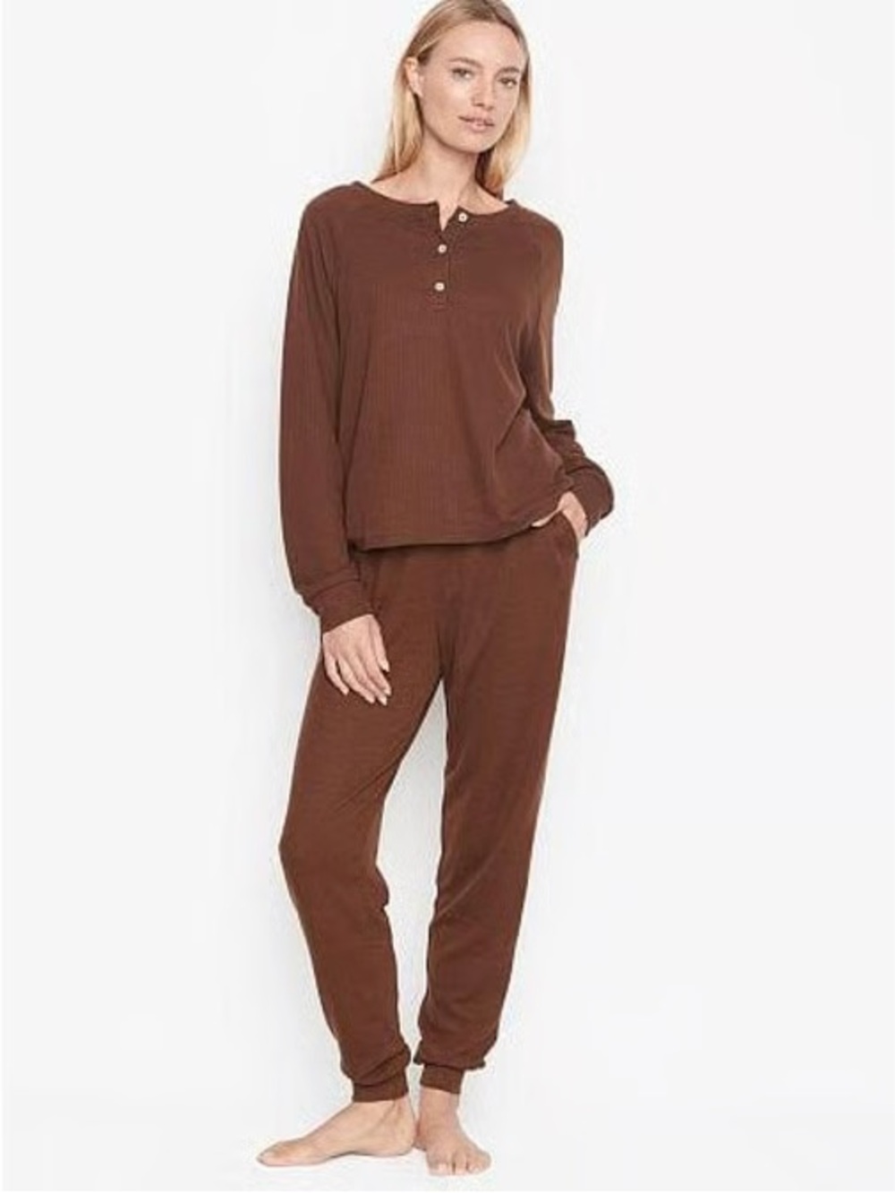 94. Victoria's Secret Chocolate Brown Waffle-Knit Henley Long Sleeve Set Small